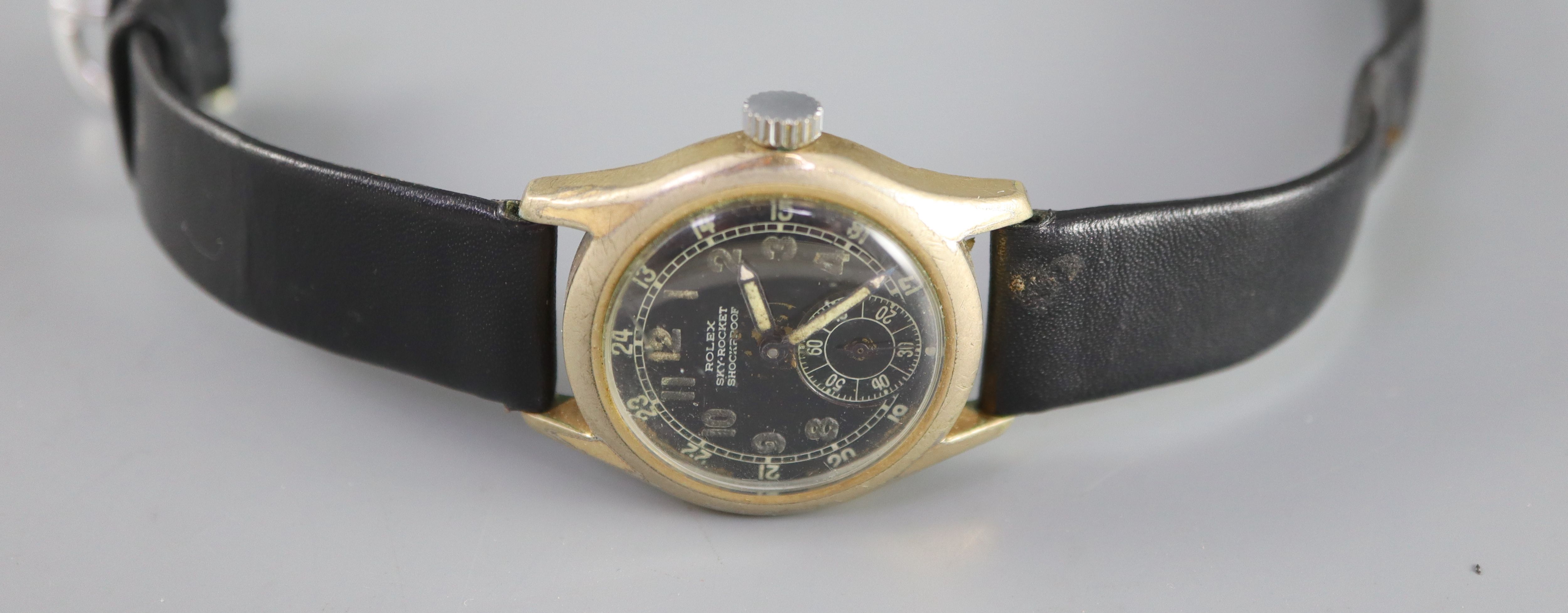 A 1940s/1950s? stainless steel boys size Rolex Sky Rocket manual wind wrist watch, on later associated strap,